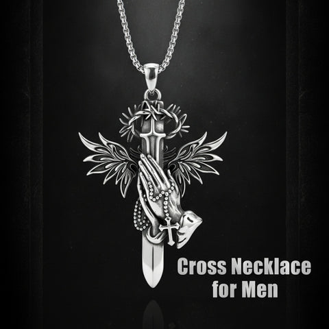 Sterling Silver Praying Hands Angel Sword Wing Cross Pendant Necklace Religious Gifts for Men
