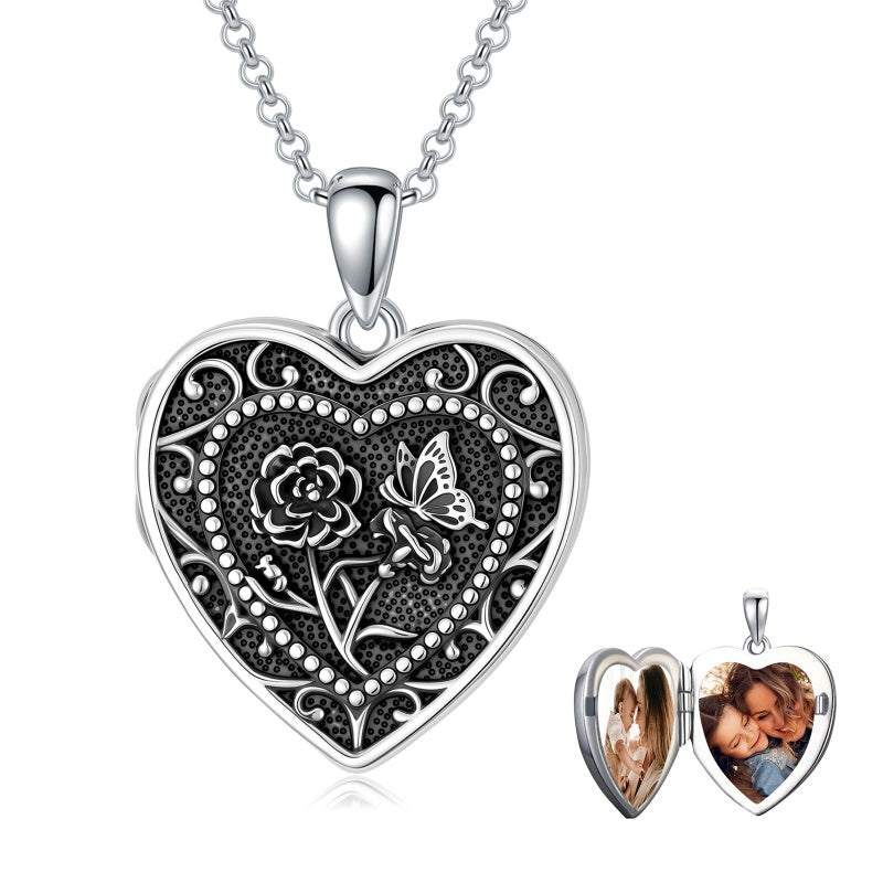 Sterling Silver Butterfly Heart Birth Flower Photo Locket Pendant Necklace for Women Birthday Christmas  Gifts