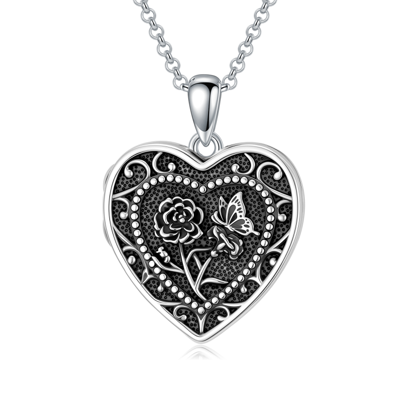 Sterling Silver Butterfly Heart Birth Flower Photo Locket Pendant Necklace for Women Birthday Christmas  Gifts