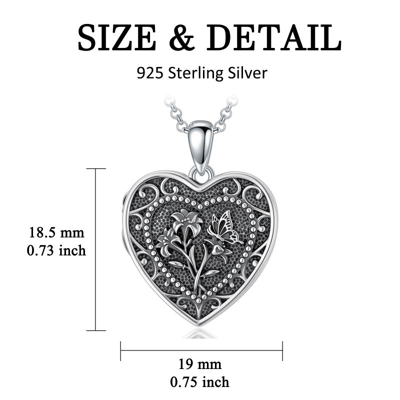 Sterling Silver Butterfly Heart Birth Flower Photo Locket Pendant Necklace for Women Birthday Christmas  Gifts