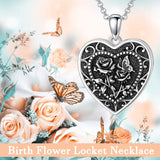 Sterling Silver Butterfly Heart Birth Flower Photo Locket Pendant Necklace for Women Birthday Christmas  Gifts
