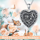 Sterling Silver Butterfly Heart Birth Flower Photo Locket Pendant Necklace for Women Birthday Christmas  Gifts