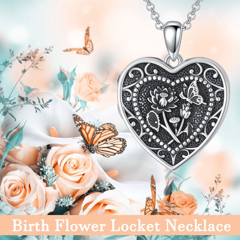 Sterling Silver Butterfly Heart Birth Flower Photo Locket Pendant Necklace for Women Birthday Christmas  Gifts