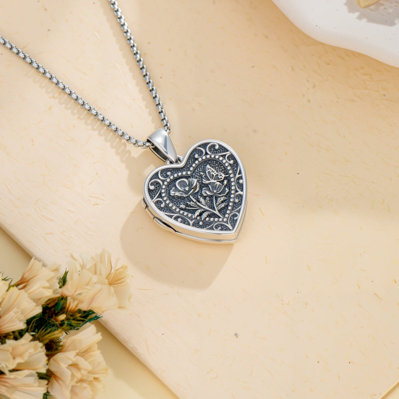 Sterling Silver Butterfly Heart Birth Flower Photo Locket Pendant Necklace for Women Birthday Christmas  Gifts