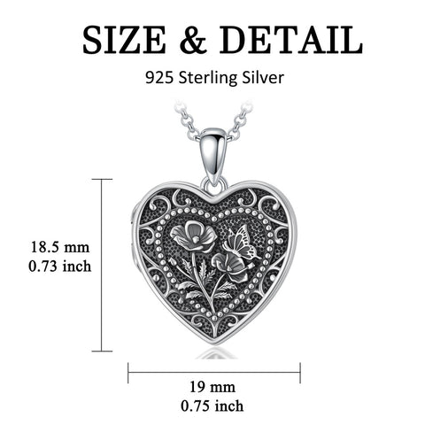 Sterling Silver Butterfly Heart Birth Flower Photo Locket Pendant Necklace for Women Birthday Christmas  Gifts