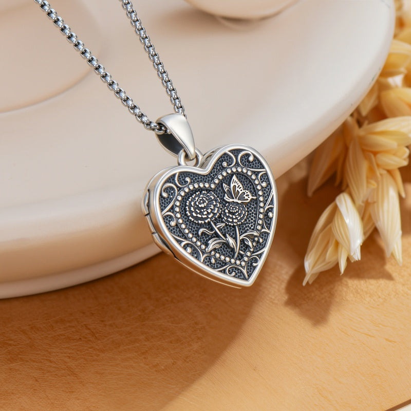 Sterling Silver Butterfly Heart Birth Flower Photo Locket Pendant Necklace for Women Birthday Christmas  Gifts