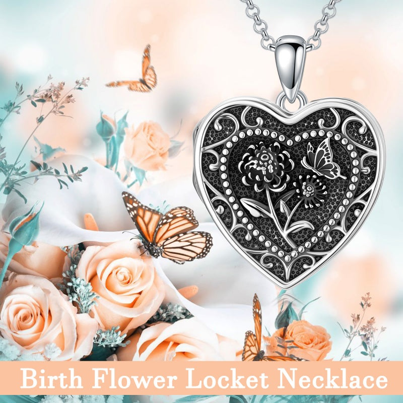 Sterling Silver Butterfly Heart Birth Flower Photo Locket Pendant Necklace for Women Birthday Christmas  Gifts