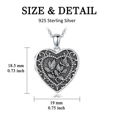 Sterling Silver Butterfly Heart Birth Flower Photo Locket Pendant Necklace for Women Birthday Christmas  Gifts