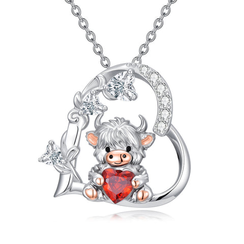Sterling Silver Highland Cow Pendant Necklace Birthstone Necklace Gift for Women
