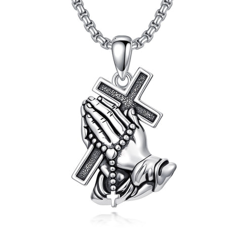 Sterling Silver Praying Hands Angel Sword Wing Cross Pendant Necklace Religious Gifts for Men