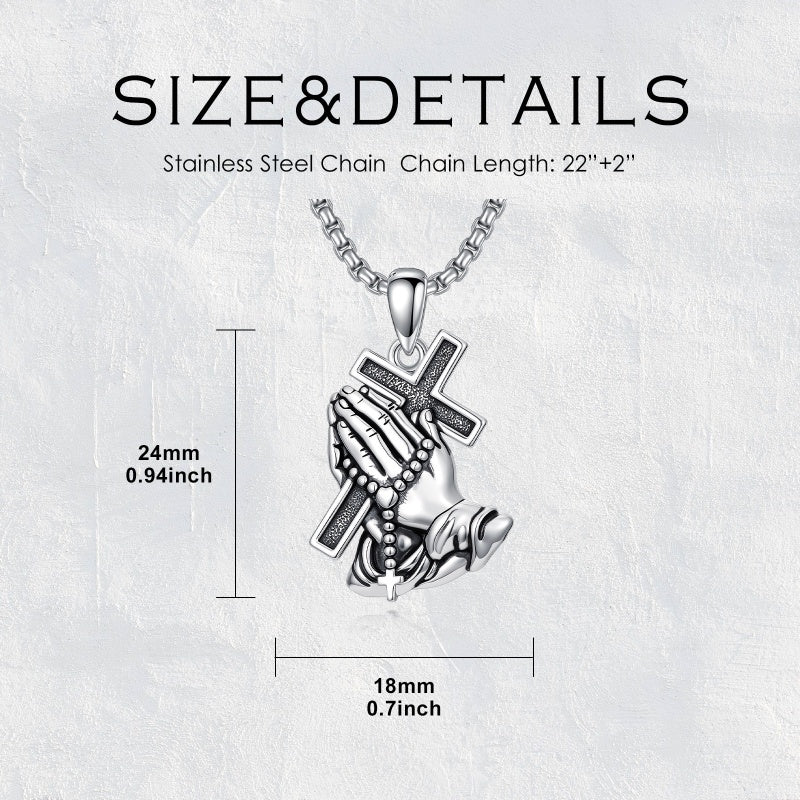 Sterling Silver Praying Hands Angel Sword Wing Cross Pendant Necklace Religious Gifts for Men