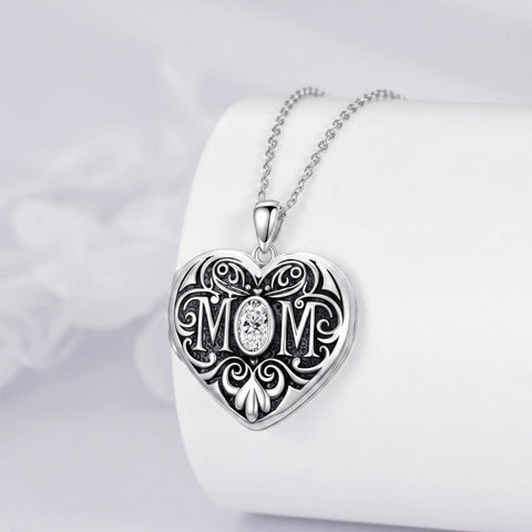 Sterling Silver Heart Cubic Zirconia Photo Locket Necklace
