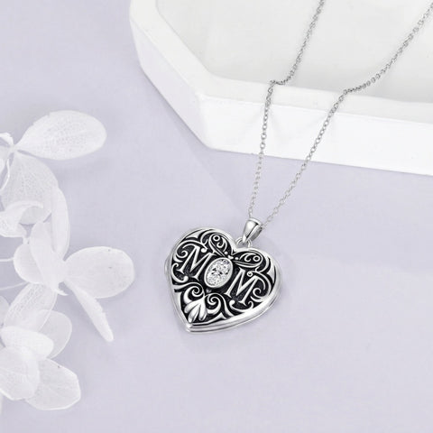 Sterling Silver Heart Cubic Zirconia Photo Locket Necklace