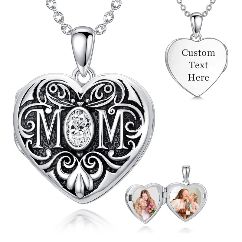 Sterling Silver Heart Cubic Zirconia Photo Locket Necklace
