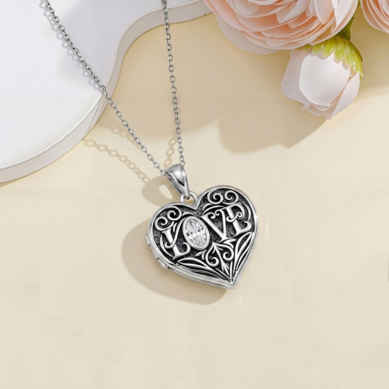 Sterling Silver Heart Cubic Zirconia Photo Locket Necklace