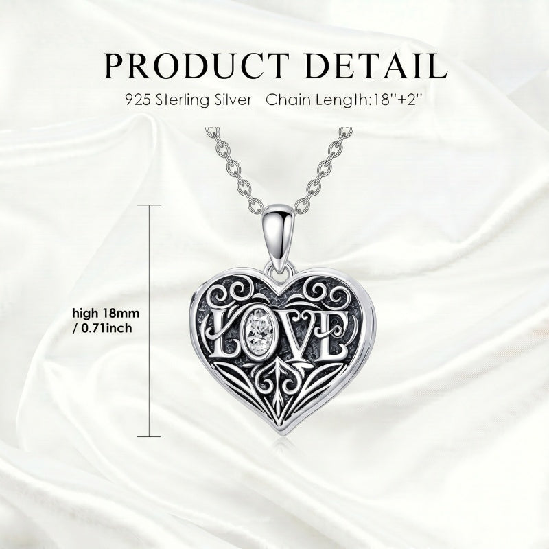 Sterling Silver Heart Cubic Zirconia Photo Locket Necklace