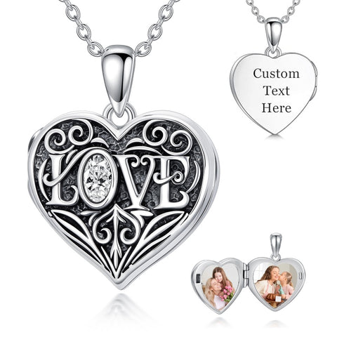 Sterling Silver Heart Cubic Zirconia Photo Locket Necklace