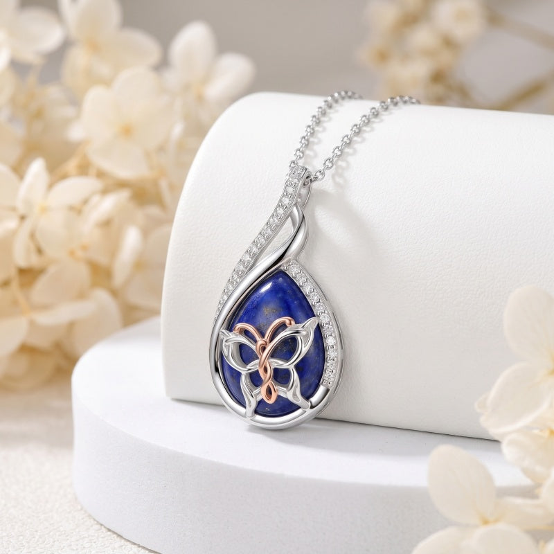 Sterling Silver Lapis Lazuli Black Onyx Moonstone Moss Agate Turquoise Butterfly Dragonfly Hummingbird  Pendant Necklace