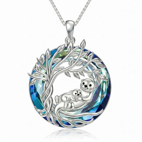 Sterling Silver Crystal  Hippo Elephant Squirrel Otter Bear Tree of Life Pendant Necklace  Mother's Day Christmas Gifts