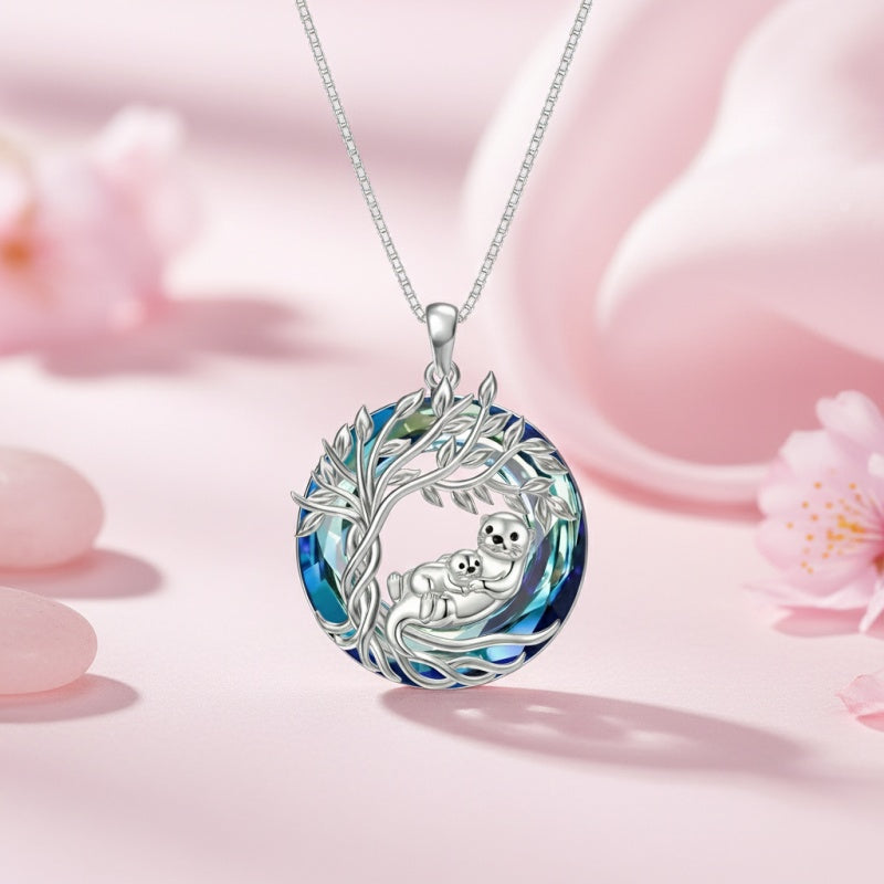 Sterling Silver Crystal  Hippo Elephant Squirrel Otter Bear Tree of Life Pendant Necklace  Mother's Day Christmas Gifts