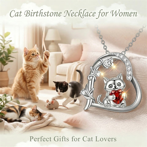 Sterling Silver Birthstone  Cat Pendant Necklace for Women