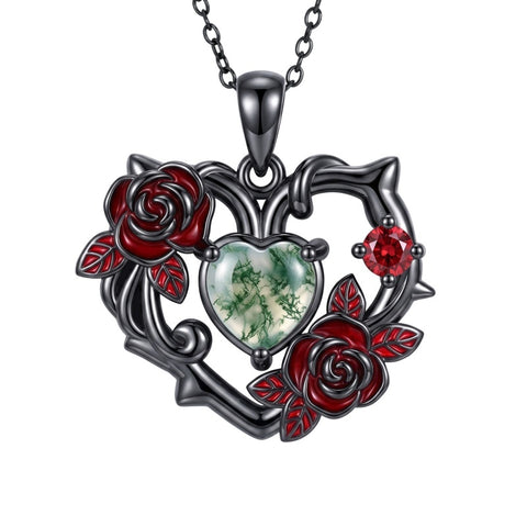 Sterling Silver Black Heart Skeleton Birthstone Necklace With Engraved Halloween Gift