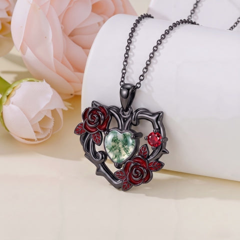 Sterling Silver Black Heart Skeleton Birthstone Necklace With Engraved Halloween Gift