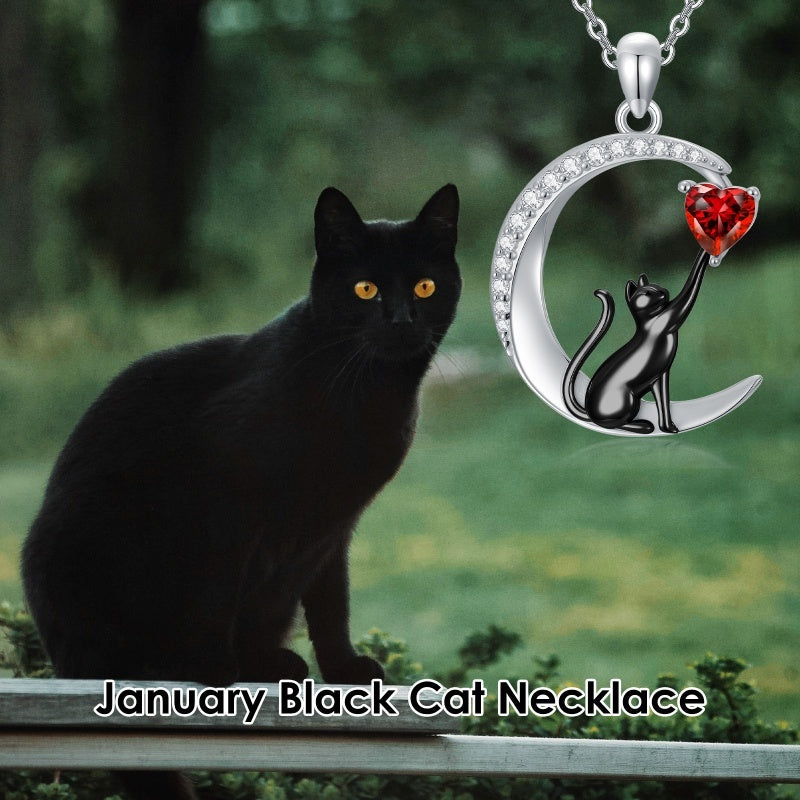 Sterling Silver Heart Birthstone Cat Pendant Necklace