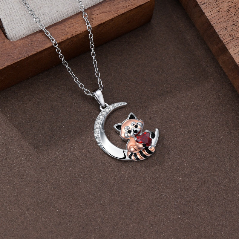 Sterling Silver Birthstone Red Panda Pendant Necklace Animal Jewelry Gifts for Women