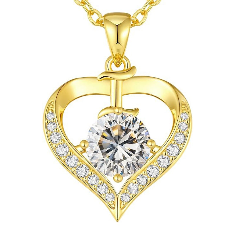 14K Gold Plated Initial Love Heart 2 Carat Moissanite Necklaces for Women Christmas Anniversary Birthday Present Gifts
