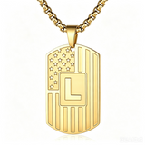 14K Gold Plated Initial A-Z American Flag Dog Tag Necklace for Men