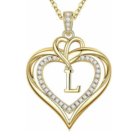 14K Gold Plated Initial Double Heart Pendant Necklace Anniversary Birthday Gifts for Women