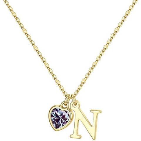 14K Gold Plated Initial A-Z Heart Birthstone Letter Necklace