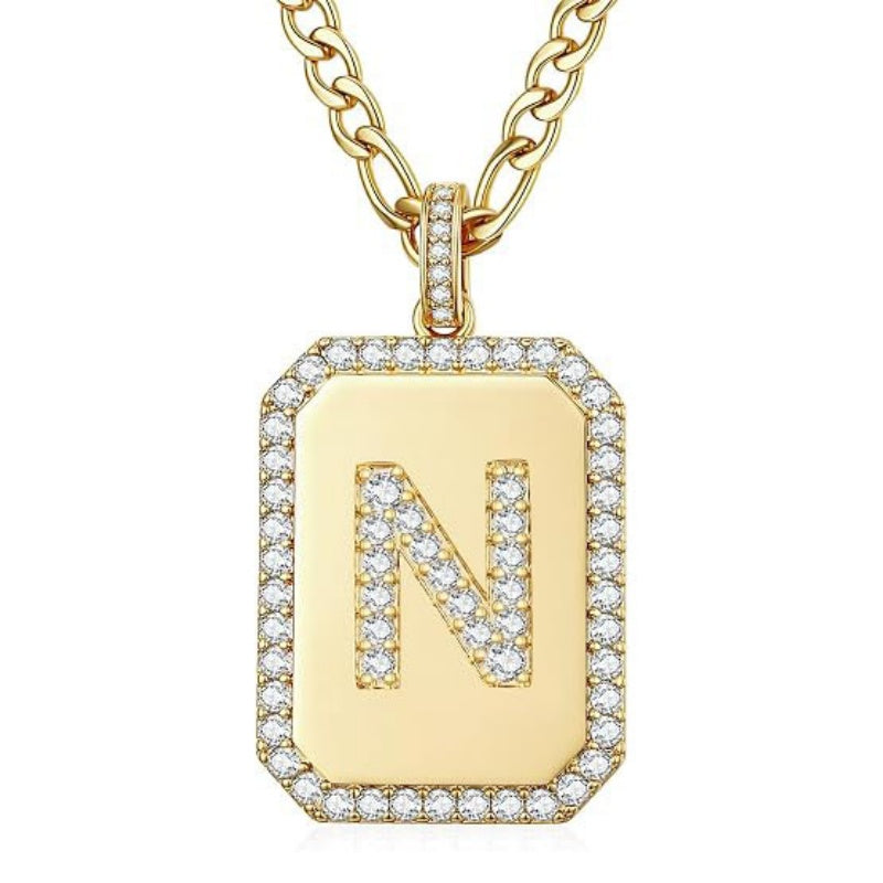 14K Gold Plated  Cubic Zirconia Initial Necklace Square Monogram Jewelry