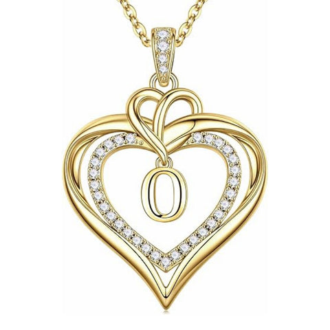 14K Gold Plated Initial Double Heart Pendant Necklace Anniversary Birthday Gifts for Women