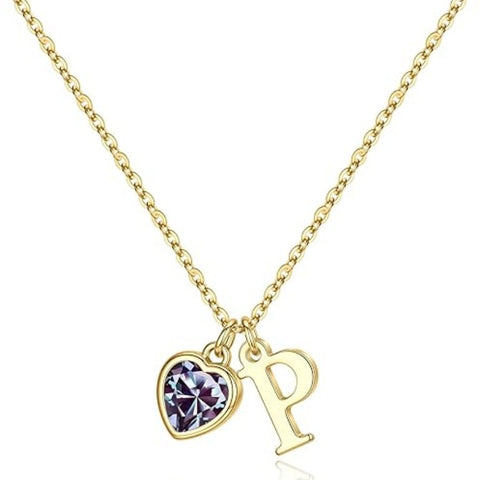 14K Gold Plated Initial A-Z Heart Birthstone Letter Necklace