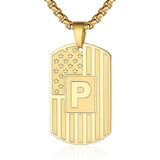 14K Gold Plated Initial A-Z American Flag Dog Tag Necklace for Men