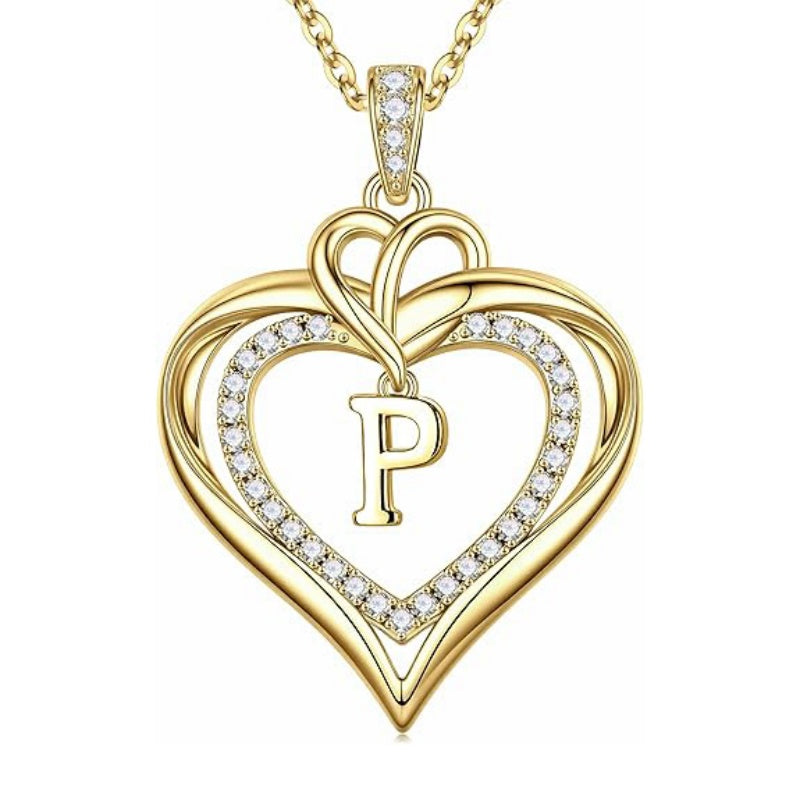 14K Gold Plated Initial Double Heart Pendant Necklace Anniversary Birthday Gifts for Women