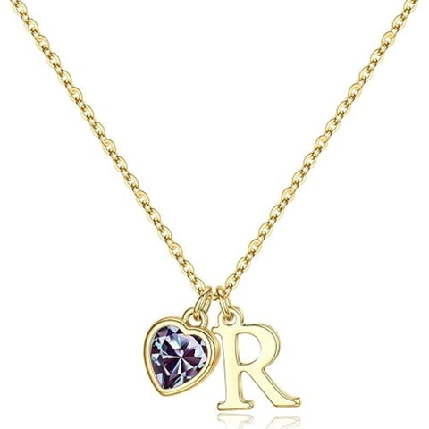14K Gold Plated Initial A-Z Heart Birthstone Letter Necklace