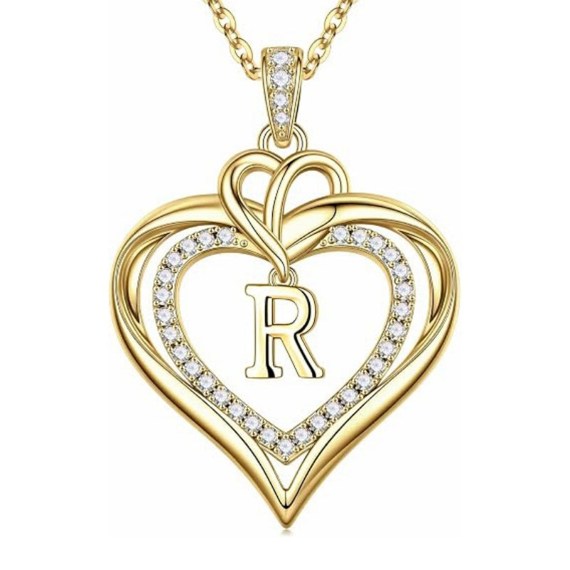 14K Gold Plated Initial Double Heart Pendant Necklace Anniversary Birthday Gifts for Women