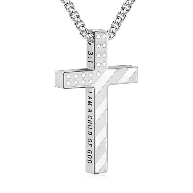 14K Gold Plated Bible Verse American Flag Cross Necklac for Men