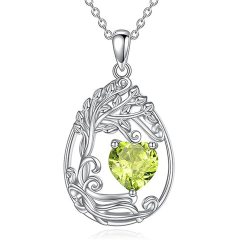 Sterling Silver Birthstone Teardrop Tree of Life Pendant Necklace