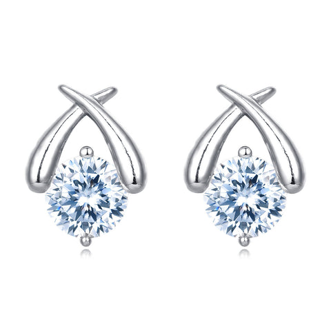 925 Sterling Silver Elegant Crossed Prong Moissanite Stud Earrings In Plated with White Gold/silver Setting