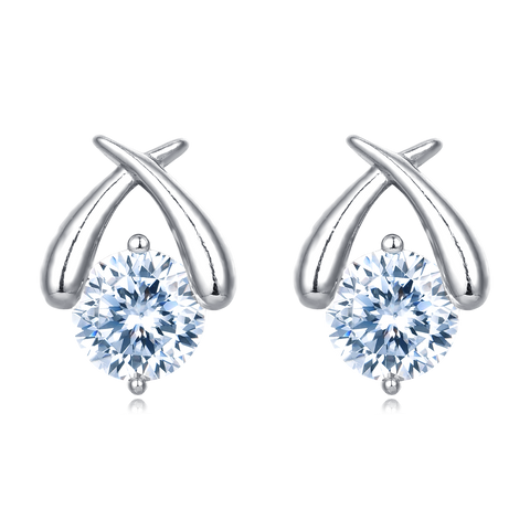 925 Sterling Silver Elegant Crossed Prong Moissanite Stud Earrings In Plated with White Gold/silver Setting