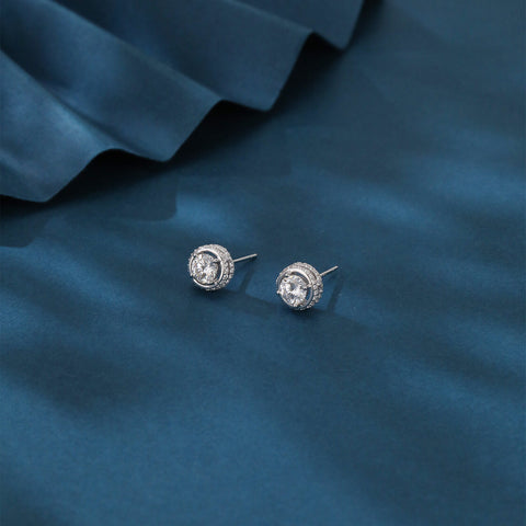 925 Sterling Silver Elegant Silver Moissanite Halo Stud Earrings With Pavé Accents