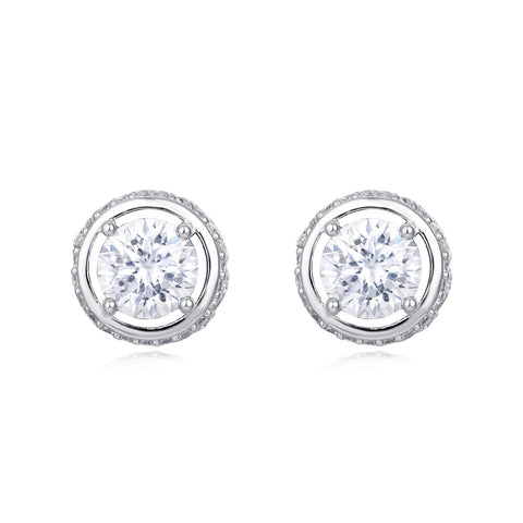 925 Sterling Silver Elegant Silver Moissanite Halo Stud Earrings With Pavé Accents