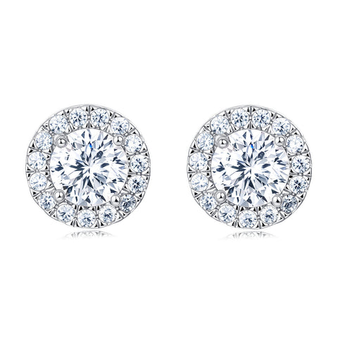 925 Sterling Silver Classic Halo Moissanite Stud Earrings In Platinum