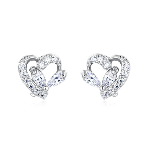 925 Sterling Silver Elegant Heart-shaped Zircon Accent Silver Stud Earrings