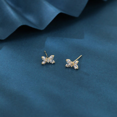 925 Sterling Silver Elegant Butterfly Crystal Stud Earrings With Gold Accents