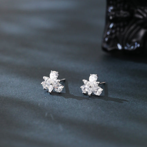 925 Sterling Silver Four-stone Clover Design Zircon Accent Stud Earrings In Plated with White Gold Setting